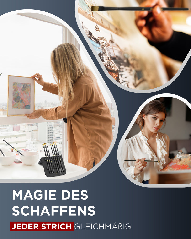 pinsel für acrylfarbe, pinsel acrylfarbe, acrylfarben pinsel, ölpinsel - frau malt acryl, frau hält pinsel, frau hängt bild auf