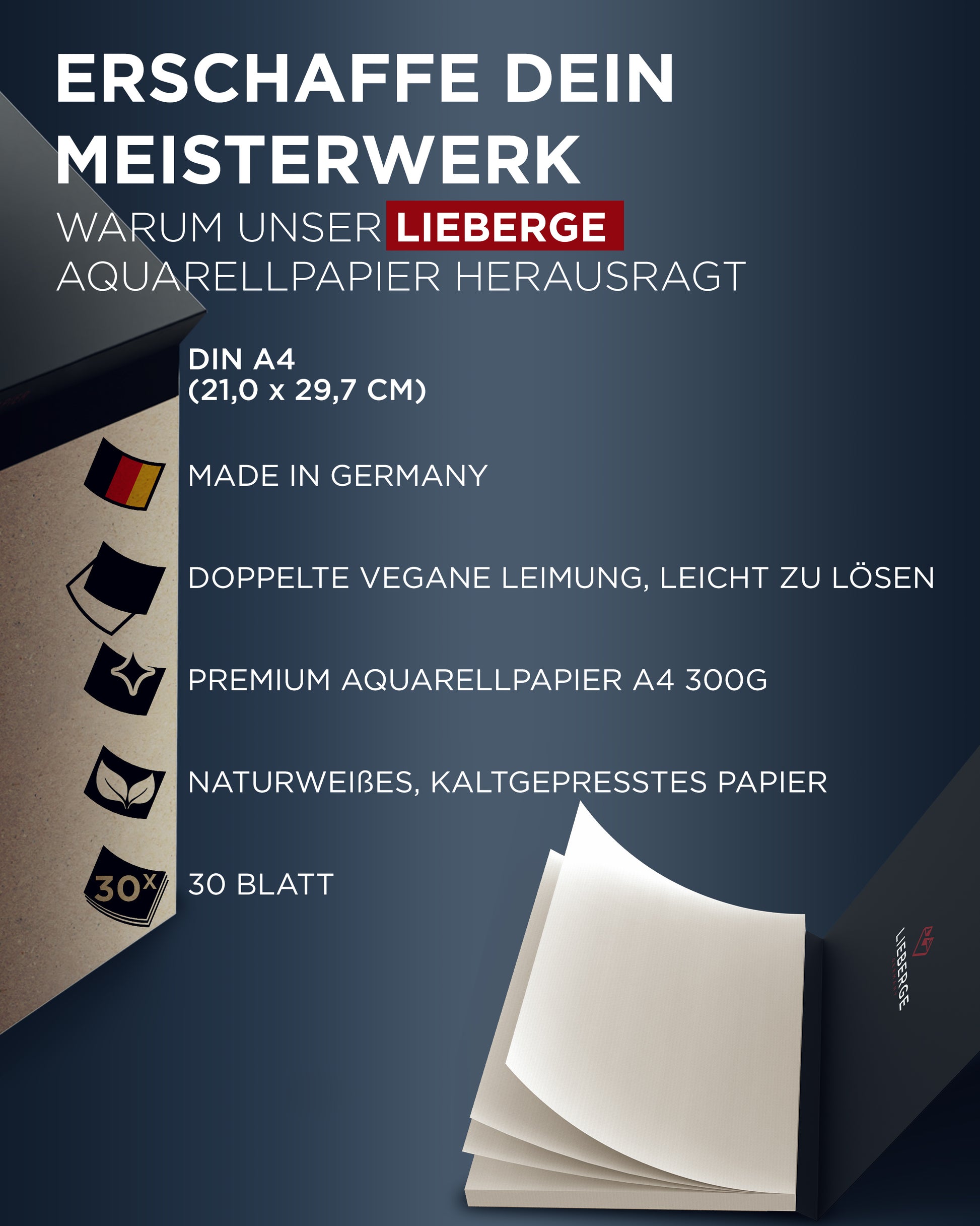 aquarellpapier, papier für aquarell, papier aquarell - made in germany, verleimung, premium qualität, naturweiß, 30 blatt