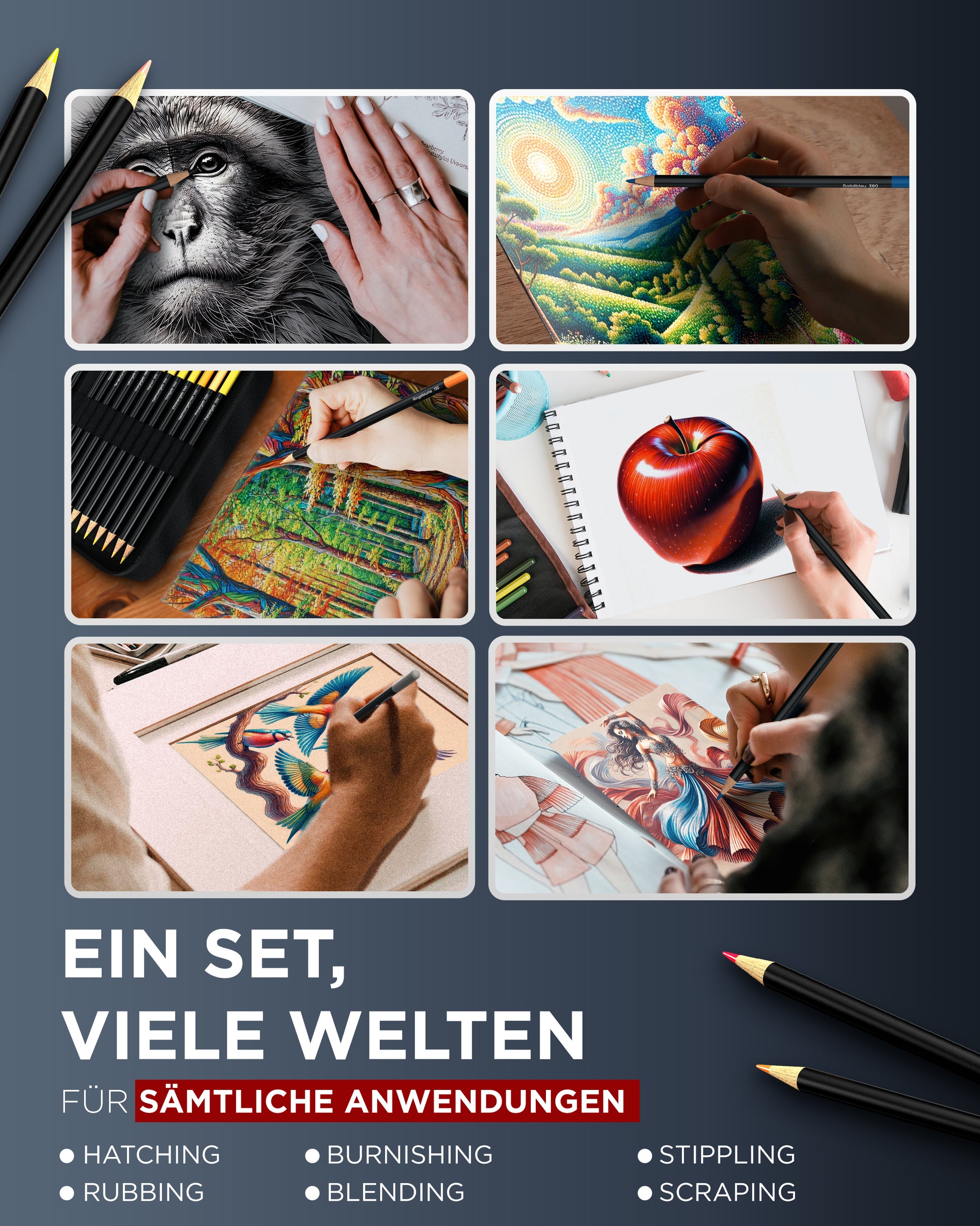buntstifte, malen buntstifte, farbstifte - hatching, burnishing, stppling, rubbing, blending, scraping