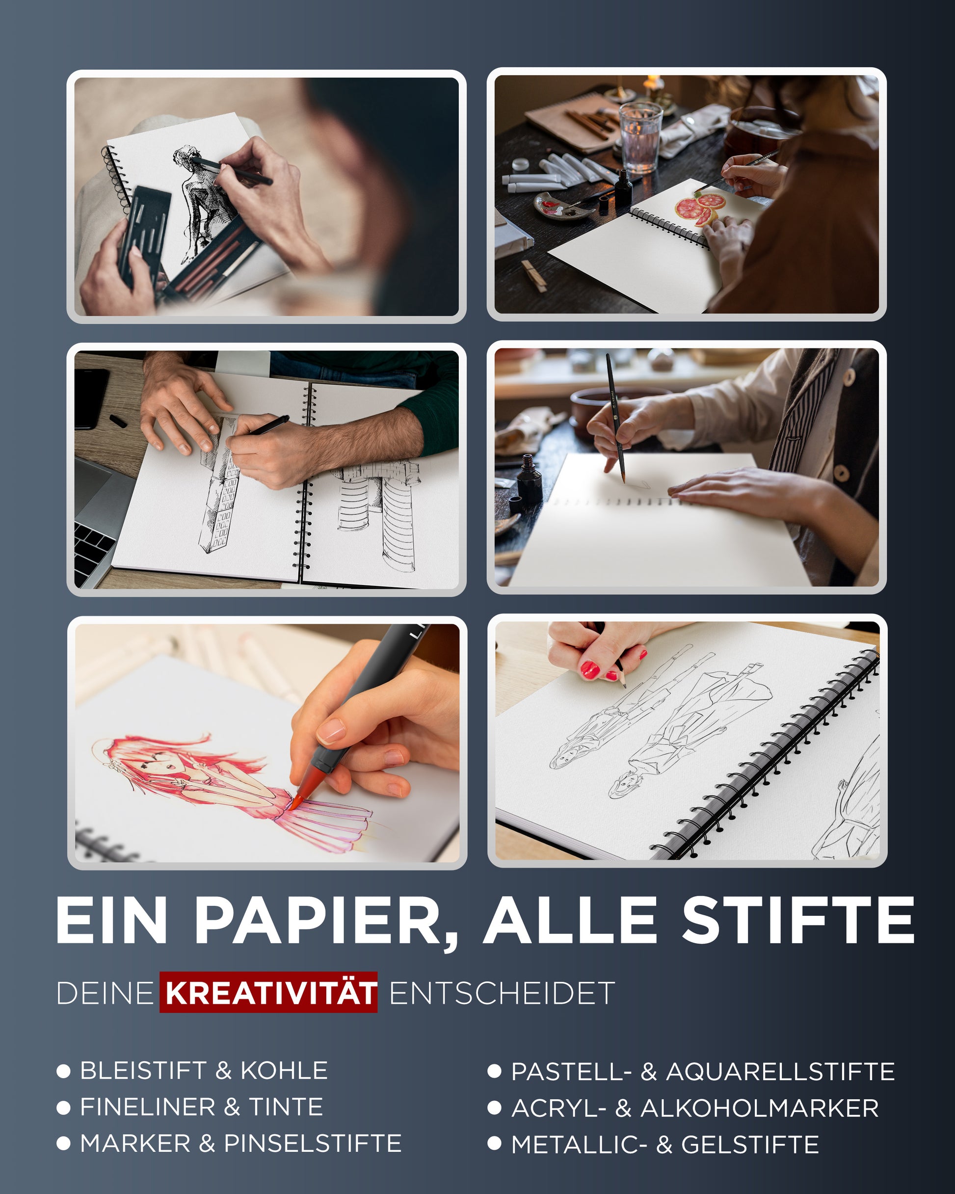 skizzenbuch, skizzen buch, sketch book, sketchbook - bleistifte, kohle, pastell, aquarellstifte, fineliner, tinte, acrylarker, marker, pinselstifte, metallicstifte