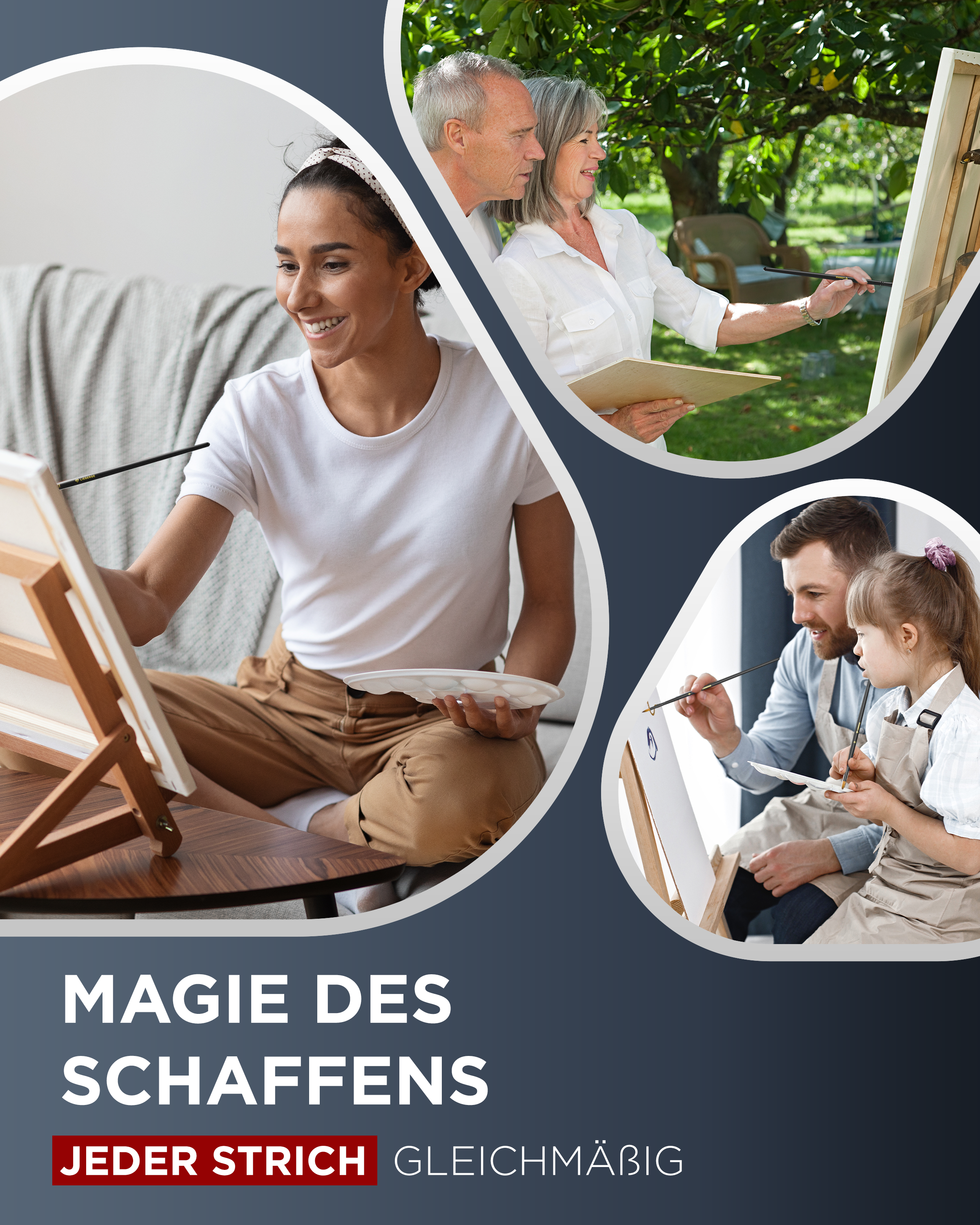 pinselset, pinsel malen, pinsel für acrylfarben, staffeleipinsel - frau und ehepaar malen an staffelei, kind malt