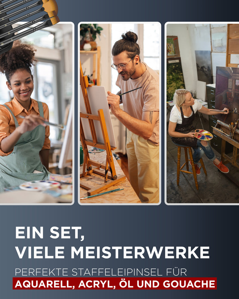 pinselset, pinsel malen, pinsel für acrylfarben, staffeleipinsel - frau malt, mann malt an staffelei