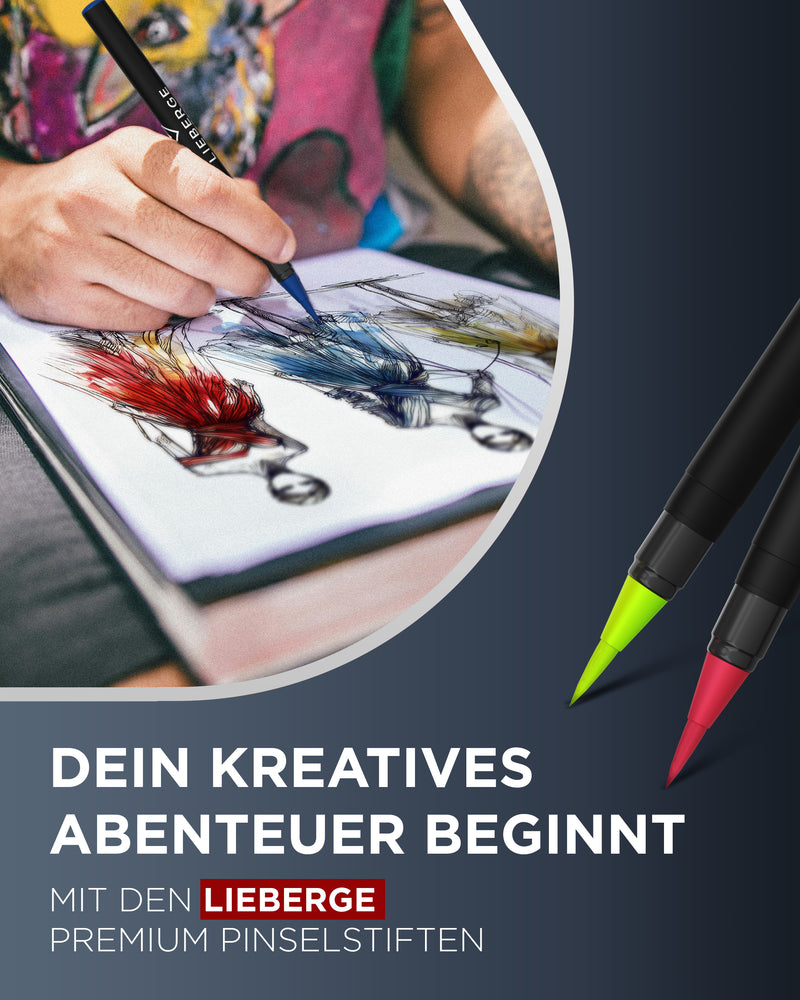 Pinselstifte, Brush Pen, Aquarellstifte - Stift malt Kleider einer Frau, Detailaufnahme zweier Stifte