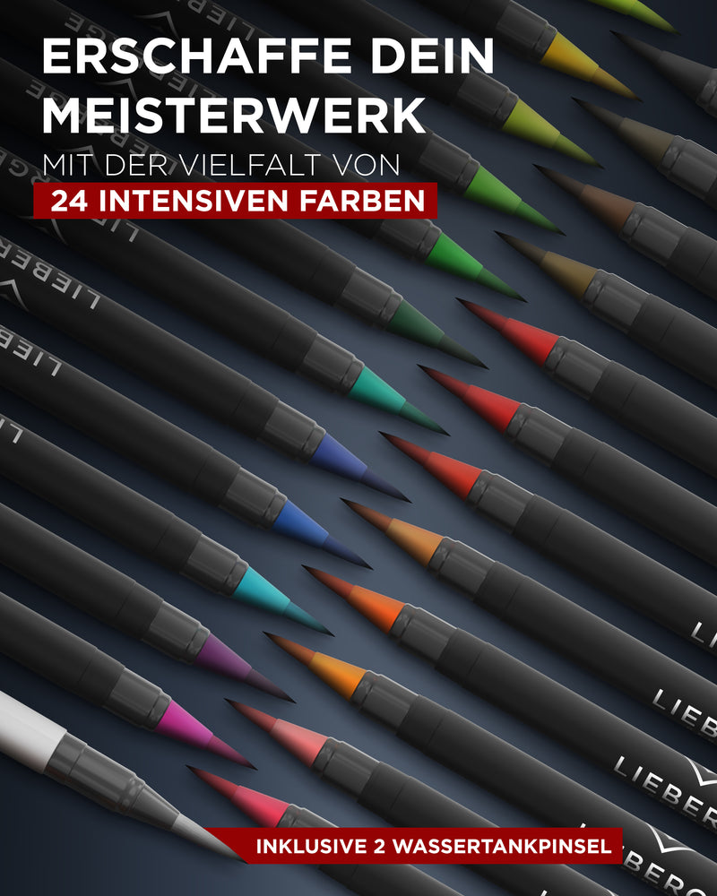 Pinselstifte, Brush Pen, Aquarellstifte - 24 intensive Farben + 2 Wassertankpinsel, Farbübersicht