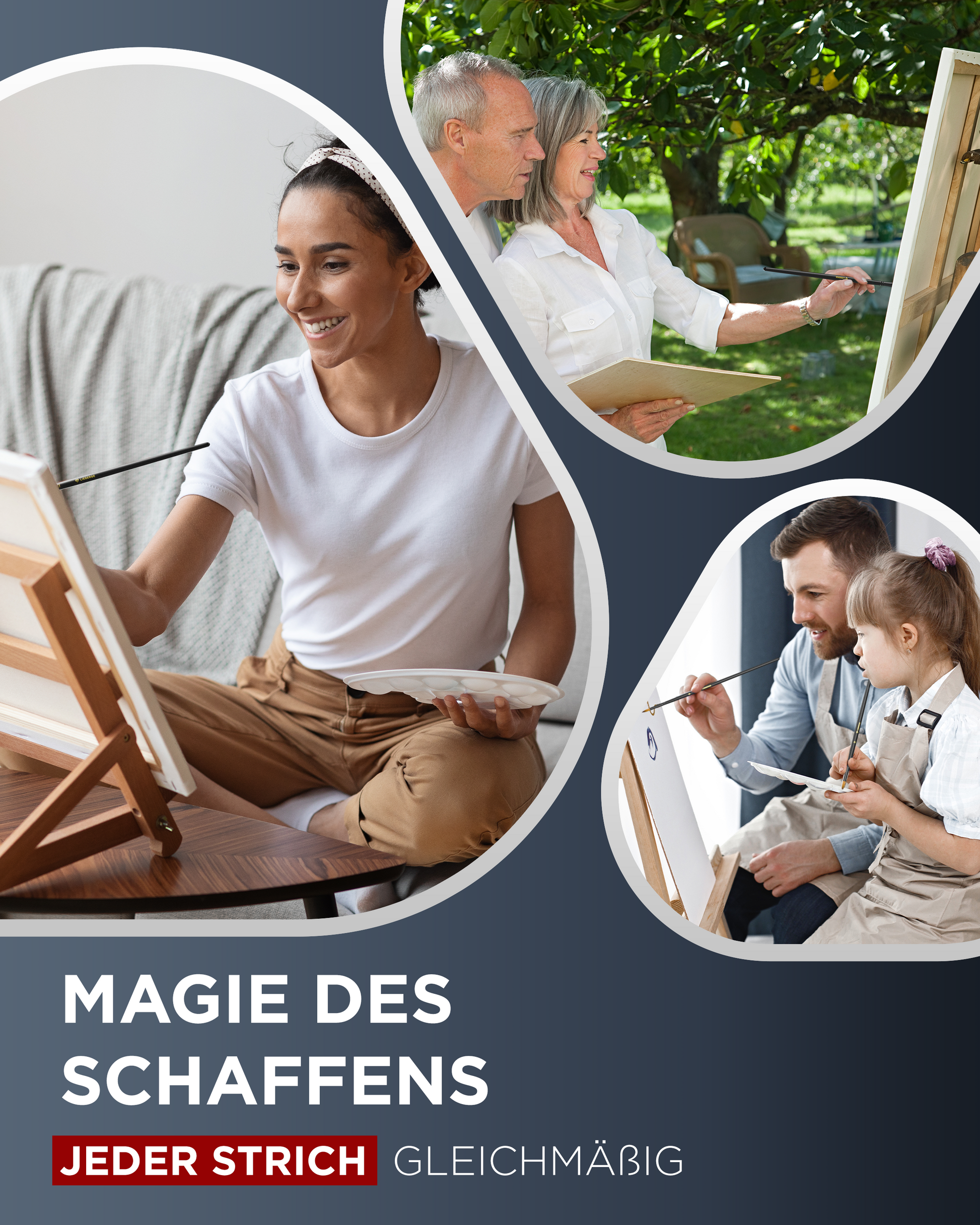 pinselset, pinsel malen, pinsel für acrylfarben, staffeleipinsel - frau und ehepaar malen an staffelei, kind malt